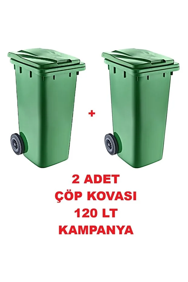  2 ADET Çöp Kovası Kapaklı Tutma Saplı Özel Çöp Konteyneri 120 Lt ( Yeşil ) Büyük Boy 2 Adet